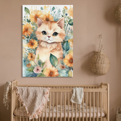 Decorazione Per Nursery Quadro Per Bimba Gattino Floreale Di Fiori Colorati  bana18 quadro stampato su tela