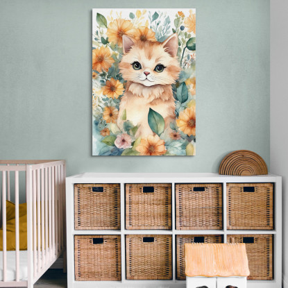 Decorazione Per Nursery Quadro Per Bimba Gattino Floreale Di Fiori Colorati  bana18 quadro stampato su tela