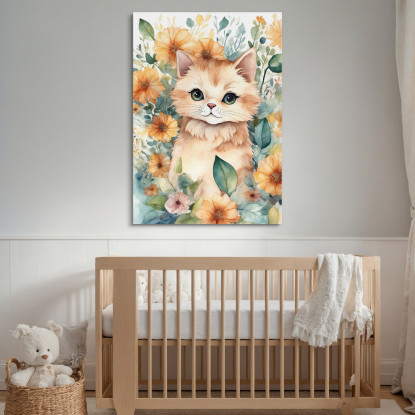 Decorazione Per Nursery Quadro Per Bimba Gattino Floreale Di Fiori Colorati  bana18 quadro stampato su tela