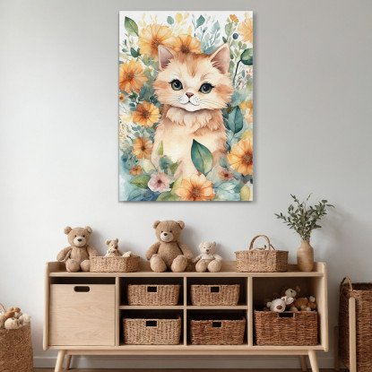 Decorazione Per Nursery Quadro Per Bimba Gattino Floreale Di Fiori Colorati  bana18 quadro stampato su tela