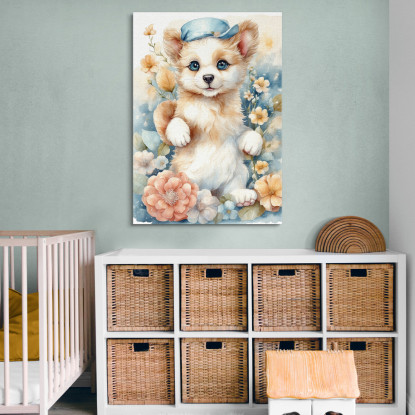 Quadro Per Nursery Decorazione Per Cameretta Cucciolo Di Cane Con Fiorellini E Cappellino bana20 quadro stampato su tela