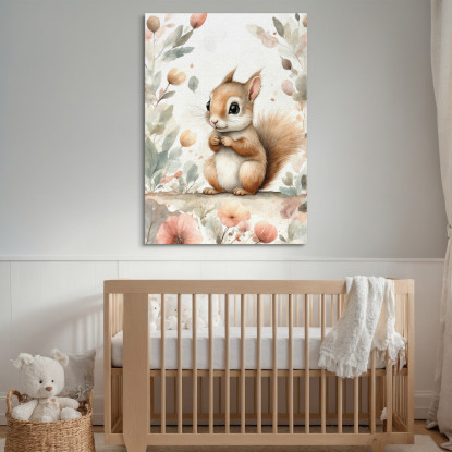 Quadro Per Bambini Decorazione Cameretta Scoiattolo Con Decorazioni Floreali  bana23 quadro stampato su tela