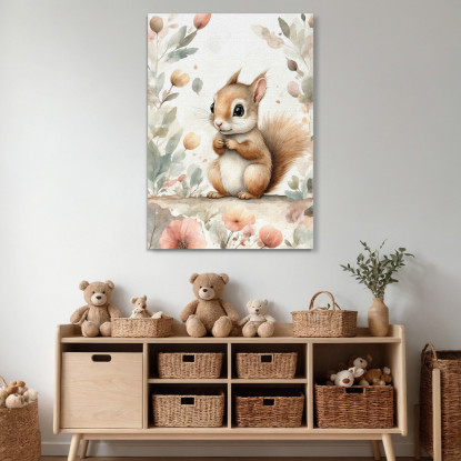 Quadro Per Bambini Decorazione Cameretta Scoiattolo Con Decorazioni Floreali  bana23 quadro stampato su tela