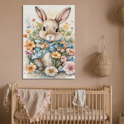 Decorazione Per Cameretta Quadro Per Bimbo Coniglietto Carino Tra Fiori Primaverili  bana24 quadro stampato su tela