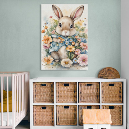 Decorazione Per Cameretta Quadro Per Bimbo Coniglietto Carino Tra Fiori Primaverili  bana24 quadro stampato su tela