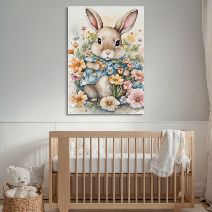 Decorazione Per Cameretta Quadro Per Bimbo Coniglietto Carino Tra Fiori Primaverili  bana24 quadro stampato su tela