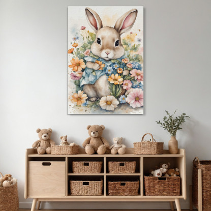 Decorazione Per Cameretta Quadro Per Bimbo Coniglietto Carino Tra Fiori Primaverili  bana24 quadro stampato su tela