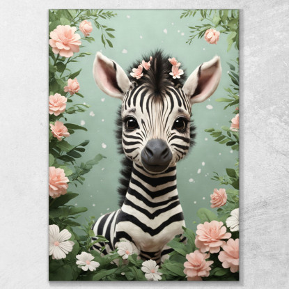 Quadro Per Cameretta Del Neonato Zebra Giocosa In Una Fantasia Floreale  bana25 quadro stampato su tela