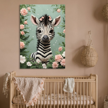 Quadro Per Cameretta Del Neonato Zebra Giocosa In Una Fantasia Floreale  bana25 quadro stampato su tela