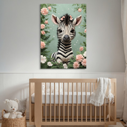 Quadro Per Cameretta Del Neonato Zebra Giocosa In Una Fantasia Floreale  bana25 quadro stampato su tela