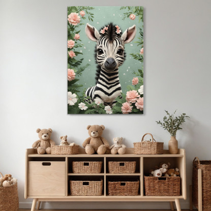 Quadro Per Cameretta Del Neonato Zebra Giocosa In Una Fantasia Floreale  bana25 quadro stampato su tela