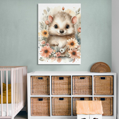 Quadro Per Nursery Decorazione Bimba Piccolo Riccio In Abbraccio Floreale  bana26 quadro stampato su tela