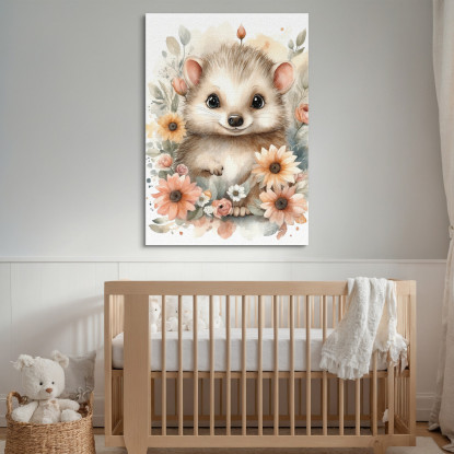 Quadro Per Nursery Decorazione Bimba Piccolo Riccio In Abbraccio Floreale  bana26 quadro stampato su tela