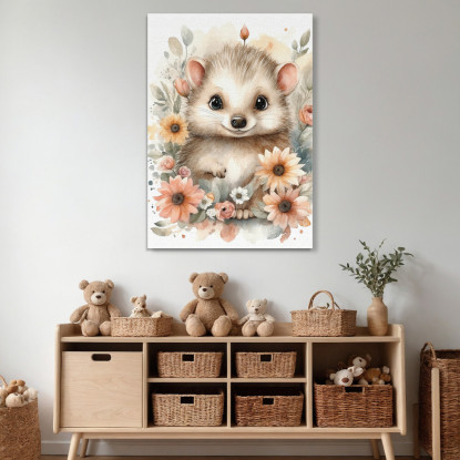 Quadro Per Nursery Decorazione Bimba Piccolo Riccio In Abbraccio Floreale  bana26 quadro stampato su tela