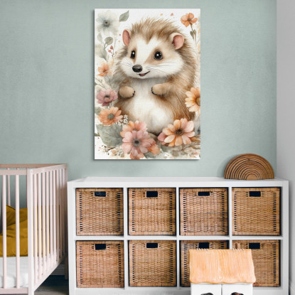 Quadro Decorativo Per Nursery E Cameretta Riccio Carino Circondato Da Fiori  bana28 quadro stampato su tela