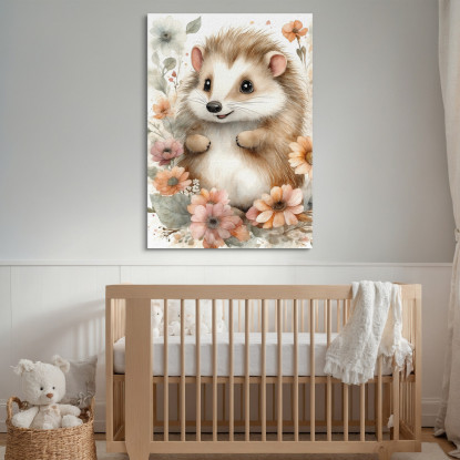 Quadro Decorativo Per Nursery E Cameretta Riccio Carino Circondato Da Fiori  bana28 quadro stampato su tela