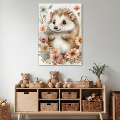 Quadro Decorativo Per Nursery E Cameretta Riccio Carino Circondato Da Fiori  bana28 quadro stampato su tela