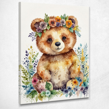 Quadro Per Nursery Decorazione Cameretta Orsetto Felice Tra I Fiori  bana29 quadro stampato su tela