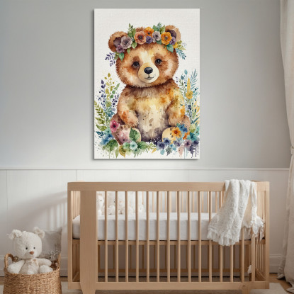 Quadro Per Nursery Decorazione Cameretta Orsetto Felice Tra I Fiori  bana29 quadro stampato su tela