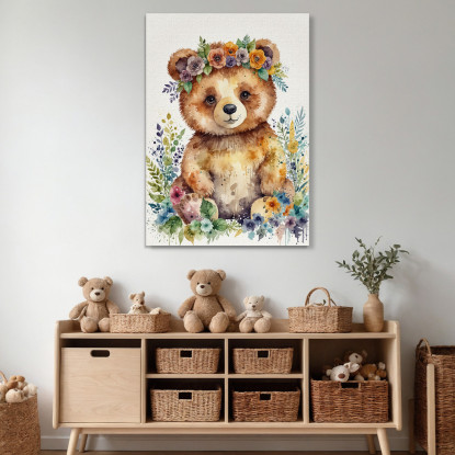 Quadro Per Nursery Decorazione Cameretta Orsetto Felice Tra I Fiori  bana29 quadro stampato su tela