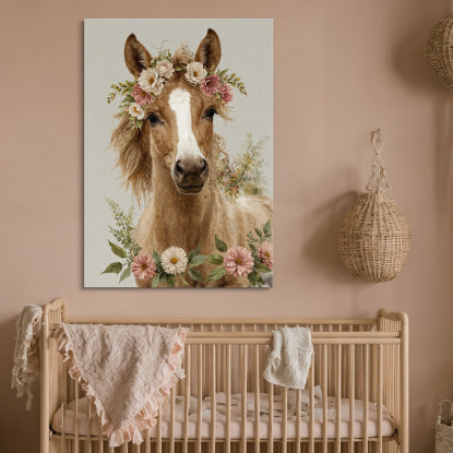 Decorazione Nursery Quadro Per Bimbo E Bimba Cavallo Con Corona Di Fiori  bana30 quadro stampato su tela