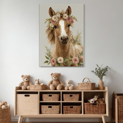 Decorazione Nursery Quadro Per Bimbo E Bimba Cavallo Con Corona Di Fiori  bana30 quadro stampato su tela