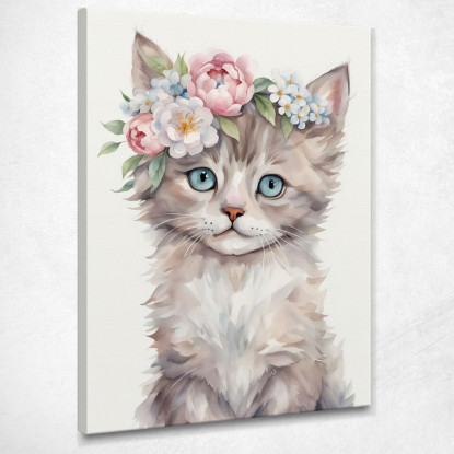 Quadro Per Cameretta Neonato Decorazione Gatto Con Occhi Azzurri E Corona Floreale  bana32 quadro stampato su tela