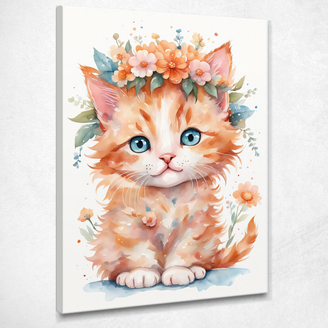 Quadro Per Bambino Decorazione Cameretta Gattino Arancione Con Ghirlanda Di Fiori  bana33 quadro stampato su tela