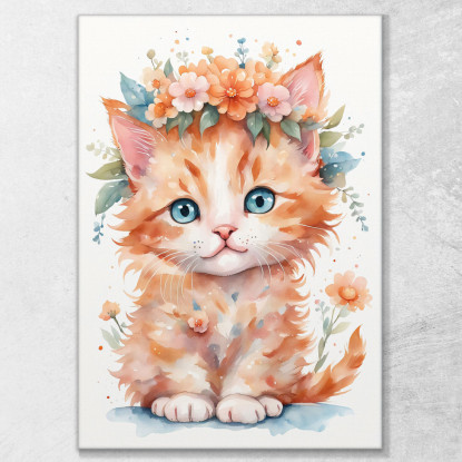 Quadro Per Bambino Decorazione Cameretta Gattino Arancione Con Ghirlanda Di Fiori  bana33 quadro stampato su tela