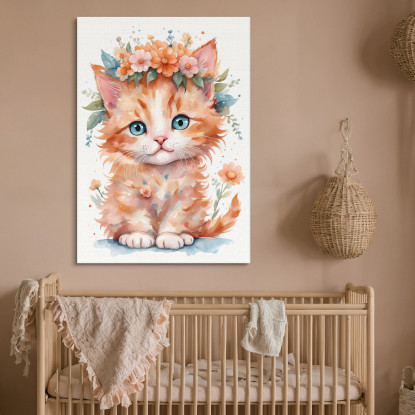 Quadro Per Bambino Decorazione Cameretta Gattino Arancione Con Ghirlanda Di Fiori  bana33 quadro stampato su tela