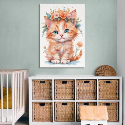 Quadro Per Bambino Decorazione Cameretta Gattino Arancione Con Ghirlanda Di Fiori  bana33 quadro stampato su tela