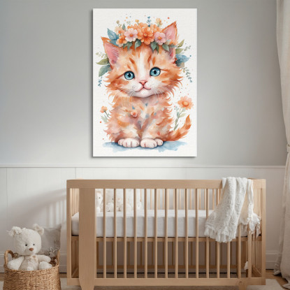 Quadro Per Bambino Decorazione Cameretta Gattino Arancione Con Ghirlanda Di Fiori  bana33 quadro stampato su tela