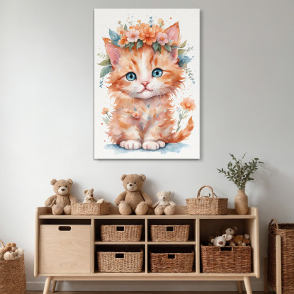 Quadro Per Bambino Decorazione Cameretta Gattino Arancione Con Ghirlanda Di Fiori  bana33 quadro stampato su tela