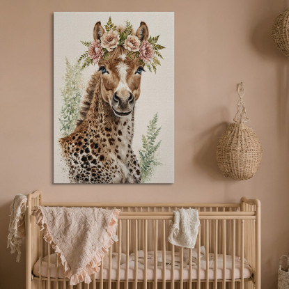 Quadro Per Cameretta Bambino Giraffina Con Fiori Rosa  bana34 quadro stampato su tela