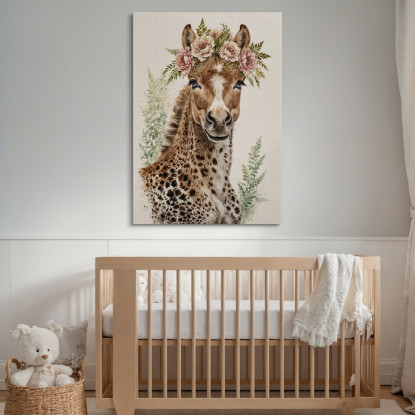 Quadro Per Cameretta Bambino Giraffina Con Fiori Rosa  bana34 quadro stampato su tela