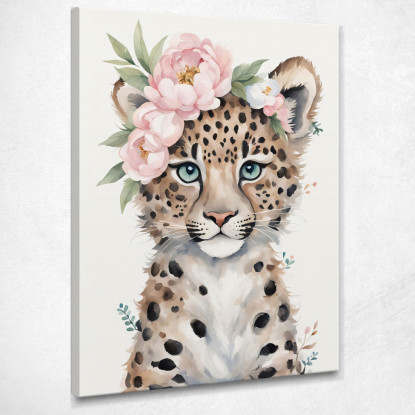 Quadro Per Cameretta Bimbo Piccolo Leopardo Carino Con Fiori Pastello  bana35 quadro stampato su tela