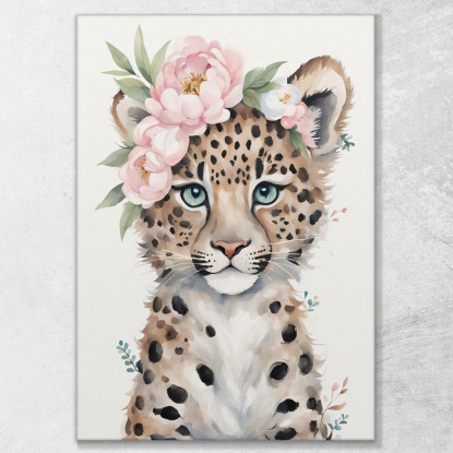 Quadro Per Cameretta Bimbo Piccolo Leopardo Carino Con Fiori Pastello  bana35 quadro stampato su tela