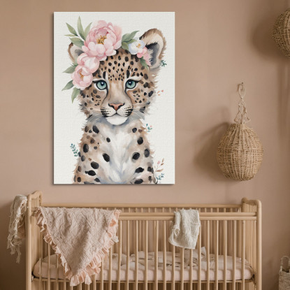 Quadro Per Cameretta Bimbo Piccolo Leopardo Carino Con Fiori Pastello  bana35 quadro stampato su tela