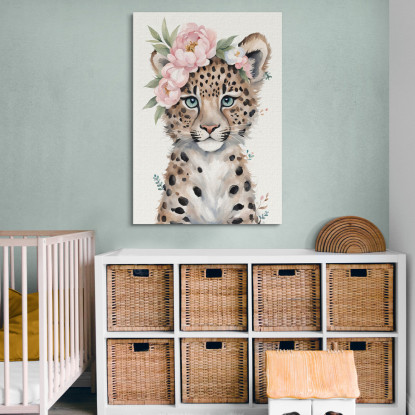 Quadro Per Cameretta Bimbo Piccolo Leopardo Carino Con Fiori Pastello  bana35 quadro stampato su tela