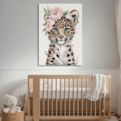 Quadro Per Cameretta Bimbo Piccolo Leopardo Carino Con Fiori Pastello  bana35 quadro stampato su tela