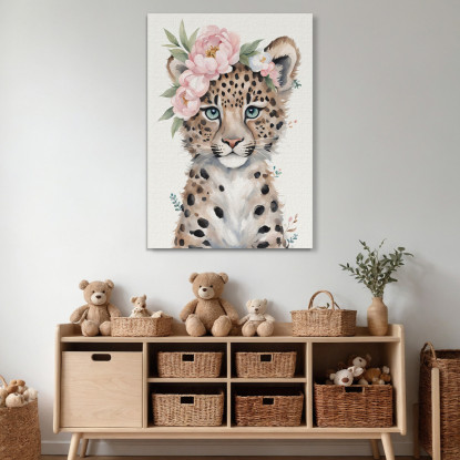 Quadro Per Cameretta Bimbo Piccolo Leopardo Carino Con Fiori Pastello  bana35 quadro stampato su tela