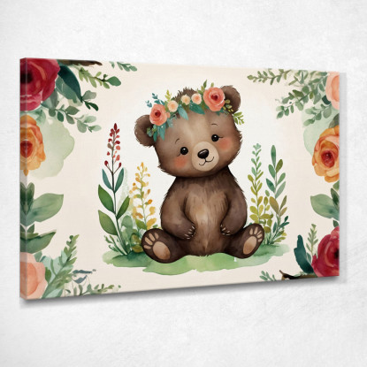 Quadro Per Nursery Decorazione Bimba Tenero Orsetto Con Fiori Colorati  bana39 quadro stampato su tela