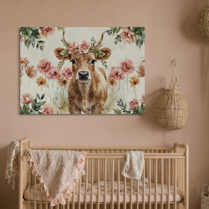 Quadro Decorativo Per Cameretta Bimbo Vitello Mucca Con Ghirlanda Di Fiori Rosa  bana40 quadro stampato su tela