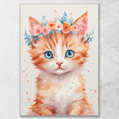 Decorazione Nursery Quadro Per Bimbo E Bimba Gattino Adorabile Con Fiori Colorati  banb2 quadro stampato su tela