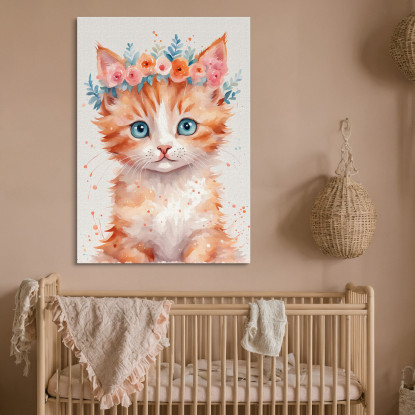 Decorazione Nursery Quadro Per Bimbo E Bimba Gattino Adorabile Con Fiori Colorati  banb2 quadro stampato su tela