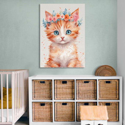 Decorazione Nursery Quadro Per Bimbo E Bimba Gattino Adorabile Con Fiori Colorati  banb2 quadro stampato su tela