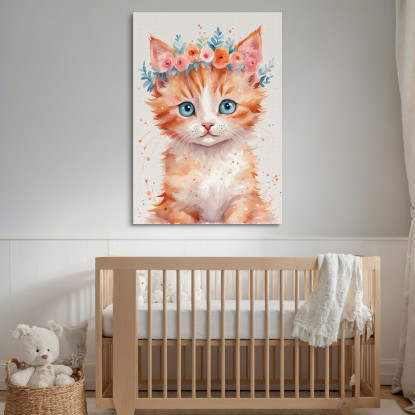 Decorazione Nursery Quadro Per Bimbo E Bimba Gattino Adorabile Con Fiori Colorati  banb2 quadro stampato su tela