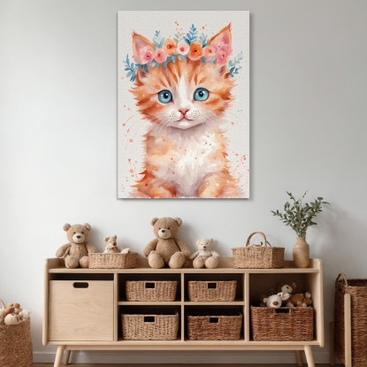 Decorazione Nursery Quadro Per Bimbo E Bimba Gattino Adorabile Con Fiori Colorati  banb2 quadro stampato su tela