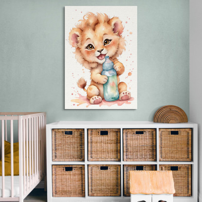 Quadro Per Cameretta Bimbo Bimba Leone Cucciolo Con Biberon  banb3 quadro stampato su tela