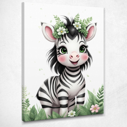 Quadro Per Cameretta Neonato Decorazione Zebra Simpatica Con Corona Floreale  banb4 quadro stampato su tela